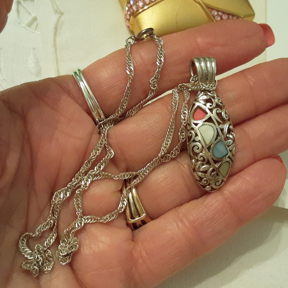 VINTAGE 925 STERLING MULTI-STONE SLIDE WITH 925 18" STERLING TWISTED ROPE CHAIN - Picture 2 of 16